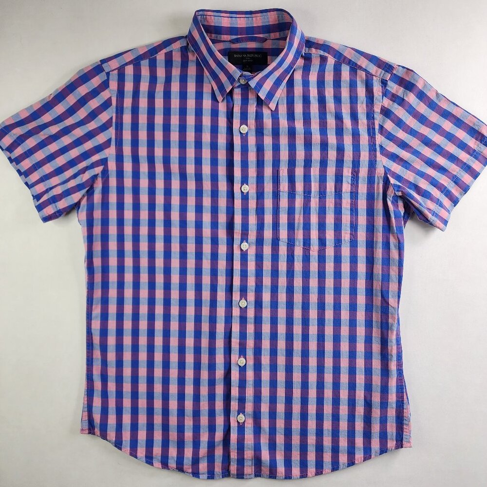 Banana Republic Mens S Small Blue Purple Pink Gingham Short Sleeve Easter Spring